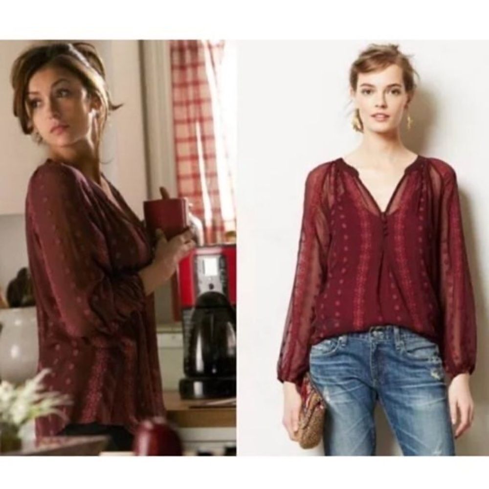 ASO TVD ZOA Maroon 100% Silk‎ Sheer Long Sleeve Blouse Top